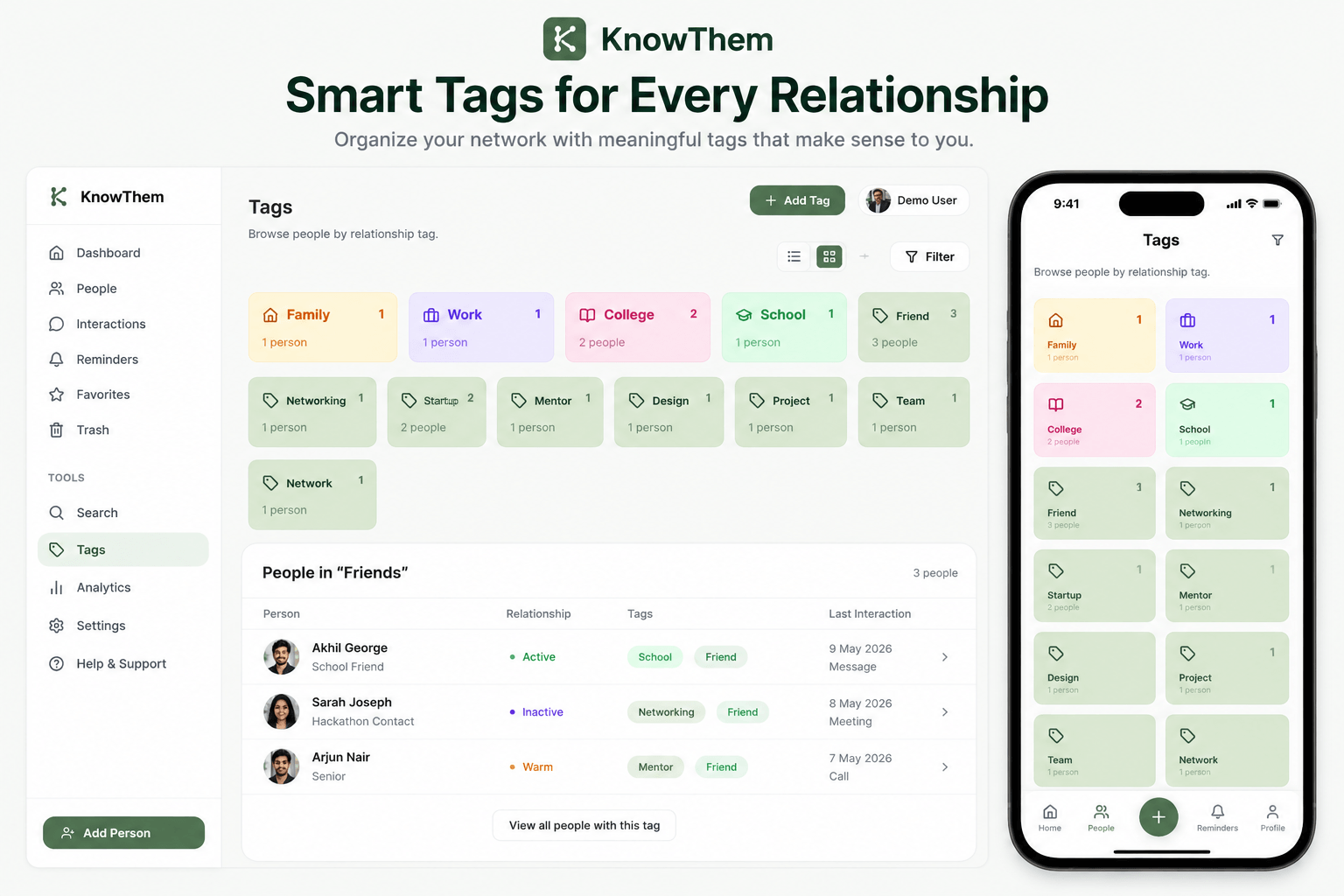 KnowThem Smart Tags, organize your network with flexible, multi-assignable tags